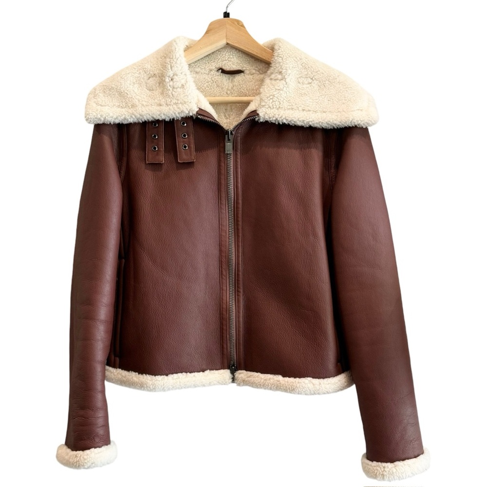 Theory Sedona Relax Shearling Moto Lamb's Leather Wide Collar Zip-Up Jacket - Picture 2 of 9